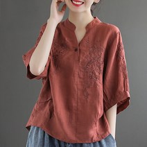 도오빠 포미랑 여성 블라우스 브이넥 셔츠 5부 반팔 티셔츠 오버핏 무지 반팔티 꽃무늬 자수 면티 여름 얇은 여자블라우스