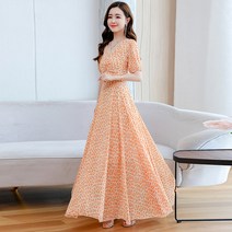 발목까지 오는 여름 원피스 롱 원피스 발목 높이 롱 길이 여름 신작 꽃무늬 쉬폰 원피스 가늘고 허리 큰 여성복 기질 큰 스윙 스커트 작은 핑크 꽃 M