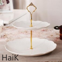 케이크 케잌 접시 2단 3단 트레이 마카롱접시 크리스마스 디저트 홈파티 호텔 그릇 플레이트, 로즈 2 단 접시 분말 (대접시 + 중 접시)