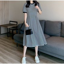 데이홀릭 여성용 자체제작 스트라이프 반팔 롱원피스