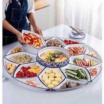 월남쌈 나눔 접시 도자기사각접시 멜라민그릇 고기 손님상 중식당멜라민그릇, B 로터스 80cm 블루화이트8 SET