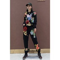 여성 명품스타일 벨벳 트레이닝복 스팽글 플라워 장미꽃 자수 슬림핏 나들이복 상하의 세트