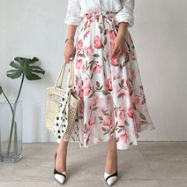 네모엔룩 쉬폰나염롱 허리밴딩 플라워 패턴 플레어 스커트