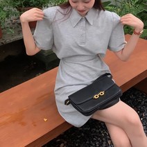 디작소 여성 퍼프 옆 절개 포인트 카라 셔츠 반팔 원피스