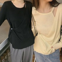 [더루브] 언발란스 랩단추 니트 레이어드 블라우스 꾸안꾸