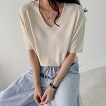 어반프랑 여성용 트루 여성 브이넥 루즈핏 반팔 5부 여름 니트