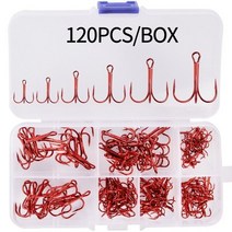 쪼꼬미에기 쭈꾸미 갑오징어 무늬오징어 메탈지그 왕눈이 수평 에기 12050pcs 고 탄소강 고음 낚시 후크 빈 하드 루어 라운드 구부러진 트리플 인공 미끼 낚시 후크 상자 세트, 120pcs 레드 후크