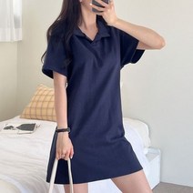 플러리싱 반팔 피케 카라 리본끈 미니 원피스