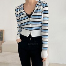 여자 투웨이 배색 줄무늬 크롭 슬림핏 골지 후드집업