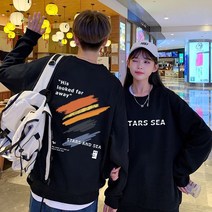 JUST FEEL!NG 커플시밀러룩 라운드넥 루즈핏 커플 레터링 프린팅 빅사이즈 기모 시밀러룩 커플티 무지 맨투맨 커플맨투맨
