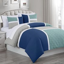 Chezmoi Collection Bernard 7피스 풀 베드 인 어 백 이불 세트 시트 포함 - 경량 블루 블랙 그레이 패치워크 퀼트 메달리온 침구 사계절용 320048, Navy/Blue/Gray_Queen