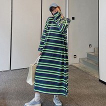 [이꾸띠] 컨화인리 여성 봄 가을 라운드넥 스트라이프 편안한 스타일 원컬러 원피스