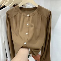 유럽 화물 솔리드 무지 긴소매 셔츠 여성 가을 스타일리쉬 와이셔츠 와이드 루즈핏 노카라 상의
