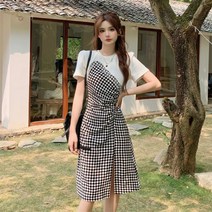 빅사이즈 여성복 체크 원피스 레이어드 크롭티 여름 캐주얼 유니크 절개 스커트 세트