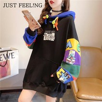 JUST FEEL!NG 여성티셔츠 가을 후드 느슨한 힙합 배색 캐릭터 박시핏 하프 빅사이즈 티셔츠 맨투맨