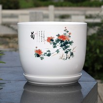 ZZJJC 두툼한 레진 모조 세라믹 화분 플라스틱 화분 수련 연꽃 화분 그릇 연꽃 구멍 없는 물배기, 국화 화분[구멍 있음], 라지[구경 25.5 높이 22]cm