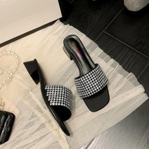 프리티슈 큐빅 장식 여성 스트랩 통굽 뮬힐 슬리퍼 샌들 4cm