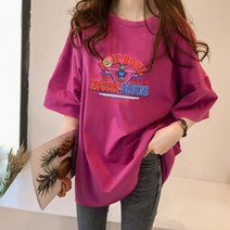 스타일아유 여성 장미 레터링 프린팅 반팔 티셔츠 오버핏 티 여름 롱 티셔츠