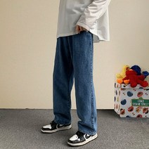 남성 패션 와이드 레그 봄 가을 새로운 스트리트 스트레이트 헐렁한 데님 청바지 425