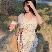 여성용 여름 프렌치 쉬폰 꽃무늬 멜빵 드레스