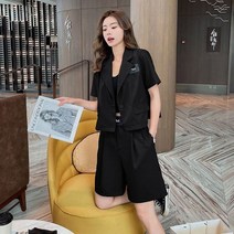 여성 바지정장세트 우영우정장 키작은 빅사이즈 정장바지 여름 캐주얼 여성용 반바지 정장 반팔 작은 블레이저 크롭 탑 + 미드 와이드 레그 세트