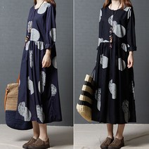 빅사이즈 도트 셔링 긴팔 A라인 모던 롱원피스_B1013