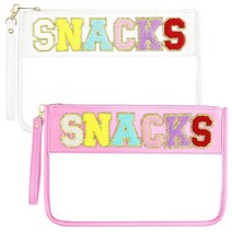 [정품] 셔닐 레터 백 스낵 투명 파우치 프레피 여행용 스낵 백 방수 플랫 투명 스낵, White+Pink