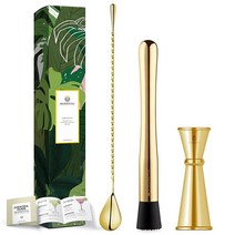 Homestia 25.4cm(10인치) 골드 머들러 세트 칵테일용 머들러 바 스푼 및 지거 과일 스매셔 모히토 만들기 과일 음료용 스테인리스 스틸 바텐딩 도구 3개, Gold 10