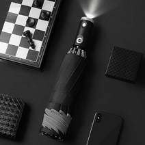 자동 접는 우산 LED 손전등 반사 스트라이프 역방향 우산과 완전 UV 비 태양, Black10 Ribs