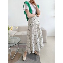 바닐라 플라워 꽃무늬 밴딩 플레어 롱스커트