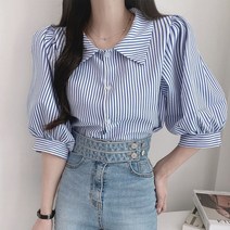 스타일아유 여자 볼륨 퍼프 소매 단가라 스트라이프 카라 여름 블라우스 데이트룩 오피스룩