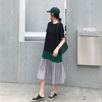 -로브 엘비스 여성 여름 원피스 루즈 코튼 스티칭 쉬폰 밑단 롱 오버사이즈 스나이퍼 스타일