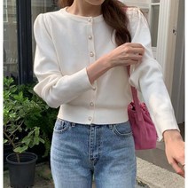 민스타일 라운드 진주단추 퍼프가디건 크롭가디건