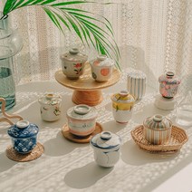 데이오프 도자기 자왕무시 일인용 계란찜기 뚜껑 볼 접시 찬기 디저트 찻잔 다기 그릇 모음 13타입, 레드라인