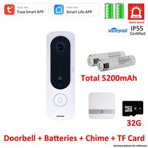 스마트초인종 Tuya 스마트 WiFi 지원 비디오 초인종 IP55 야외 무선 오디오 135 ° 시야각 배터리 도어 벨 카메라 부저 사이렌 소리, Option 2 - EU 플러그