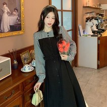 빅사이즈 여성복 레트로 체크 레이어드 미디 원피스 프렌치 봄가을 싱글 벨트 스커트