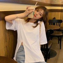 베이직 스판 옆트임 반팔 롱티셔츠