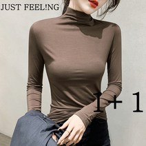 JUST FEEL!NG [1+1] 반폴라 이너티 가을 겨울 슬림핏 이너 긴팔 티셔츠 여성 상의 의류 무지 고탄력 소프트 폴라티
