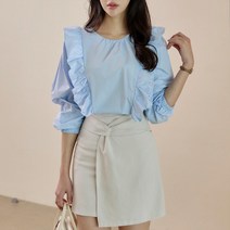 여성 페미닌 프릴 라인 하객룩 밴딩 루즈핏 블라우스