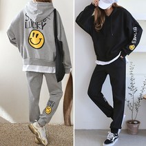 러브포텐 여성 오버핏 트레이닝세트 봄가을 긴팔 후드티+조거팬츠 추리닝세트 스마일 프린팅 간절기 후드트레이닝 상하세트 남여공용 커플룩세트[달콤디저트포함]