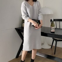 [바보사랑] 베니드 루즈핏 브이넥 무지 롱 니트 원피스