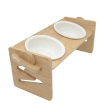 멍해묘해 강아지 고양이 밥그릇 급체방지 향균 대나무 원목 높이조절 식탁 세라믹 수반, 대나무 식탁(화이트 세라믹그릇 2개)