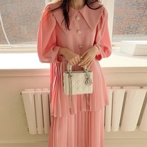 세루티 원피스 시크 봄 어린 인형 칼라 진주 버튼 장식 루즈핏 퍼프 슬리브 플리츠 드레스 롱 스커트 여성용