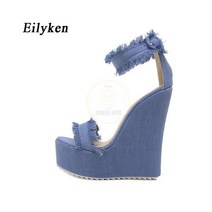 Eilyken-새로운 디자이너 데님 샌들 여름 여성 웨지 하이힐 관음증 발가락 플랫폼 로마 신발 2023