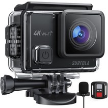Surfola SF230 액션 카메라 4K 2000만 화소 수중 카메라 외부 마이크 리모컨 부착 WiFi 탑재 손떨림 보정 수심 40m HDMI 출력 1050mAh 대용량 2개 포함 170도 광각 렌즈 웨어러블 카메라 풍부한 액세서리