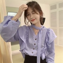 2023 여성 프렌치 시크 퍼플 스트링 프릴 초롱 소매 셔츠 여자 브이넥 루즈핏 블라우스 긴팔 셔츠