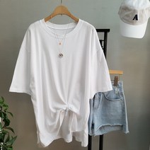 여성용 코튼 라운드 루즈핏 트임 롱 반팔 티셔츠