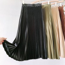여성 롱 스커트 주름 치마 겨울 가을 모직 용 빈티지 플리츠 미디 새틴 하이 웨이스트 메탈 컬러 블랙 a 라인 faldas 2020 sk605