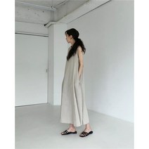 BAISLUN 여성 네츄럴 린넨 A라인 데일리 민소매 무지 롱 원피스