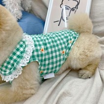 [국내생산]데댕 플라워 체크 강아지 옷 민소매, 그린